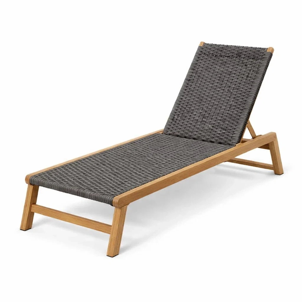 Chaise longue en teck avec assise en résine tressée grise-URBANVI BESPLACE
