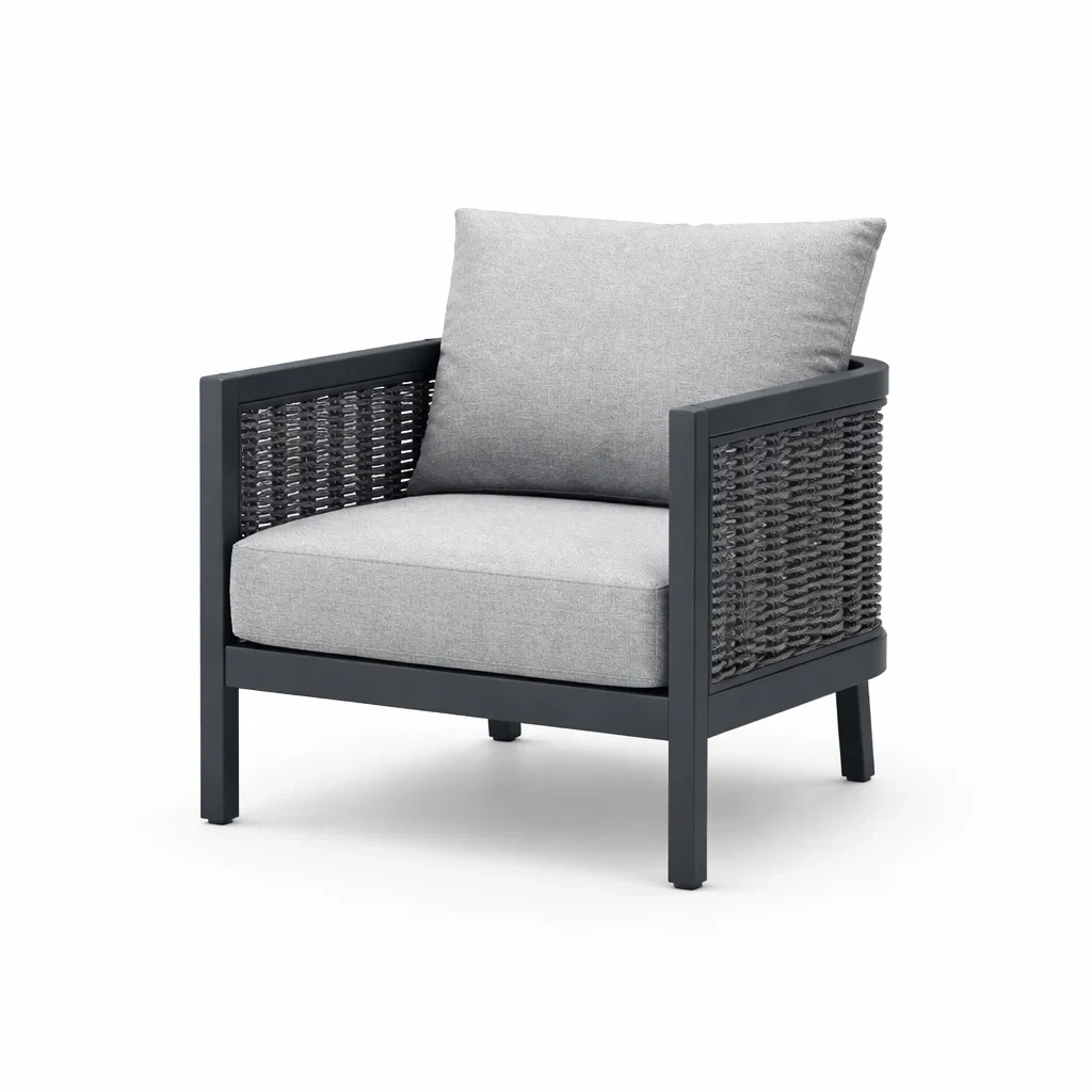 Fauteuil en aluminium et corde synthétique avec coussin en polyester gris-URBANVI BESPLACE