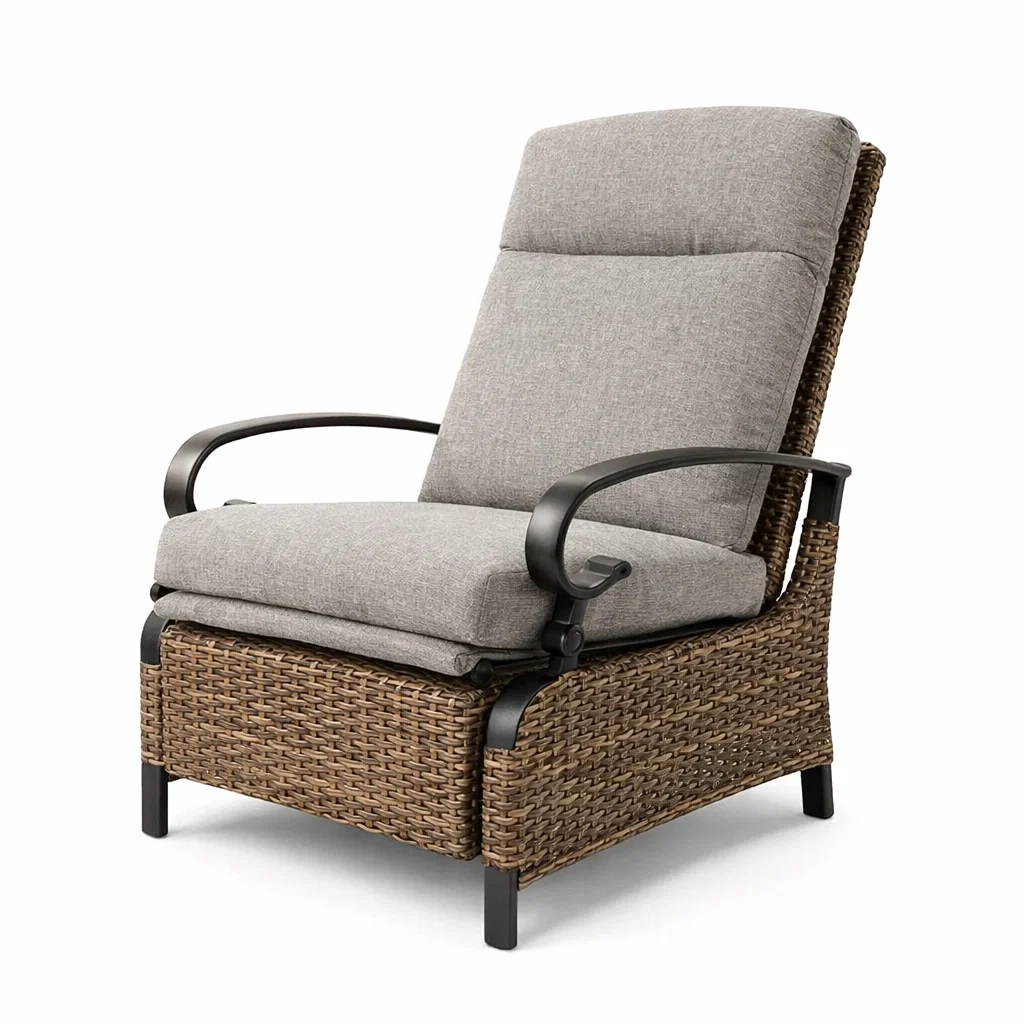 Fauteuil inclinable en rotin avec coussins en tissu gris-URBANVI BESPLACE