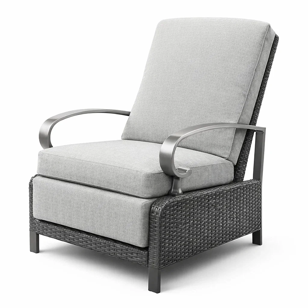 Fauteuil inclinable en résine tressée avec coussins en polyester et accoudoirs métalliques gris-URBANVI BESPLACE