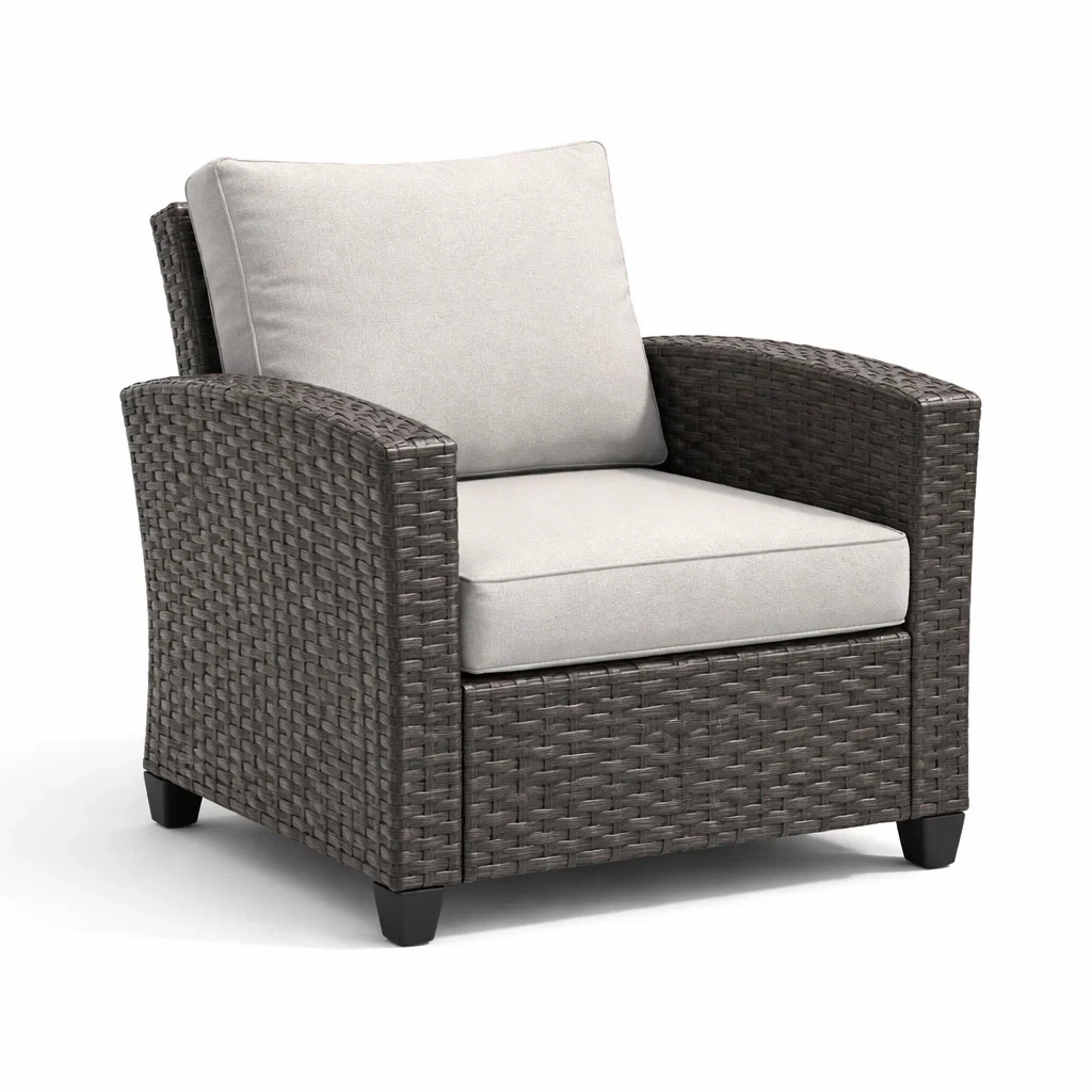Fauteuil en résine tressée gris avec coussins en polyester beige-URBANVI BESPLACE