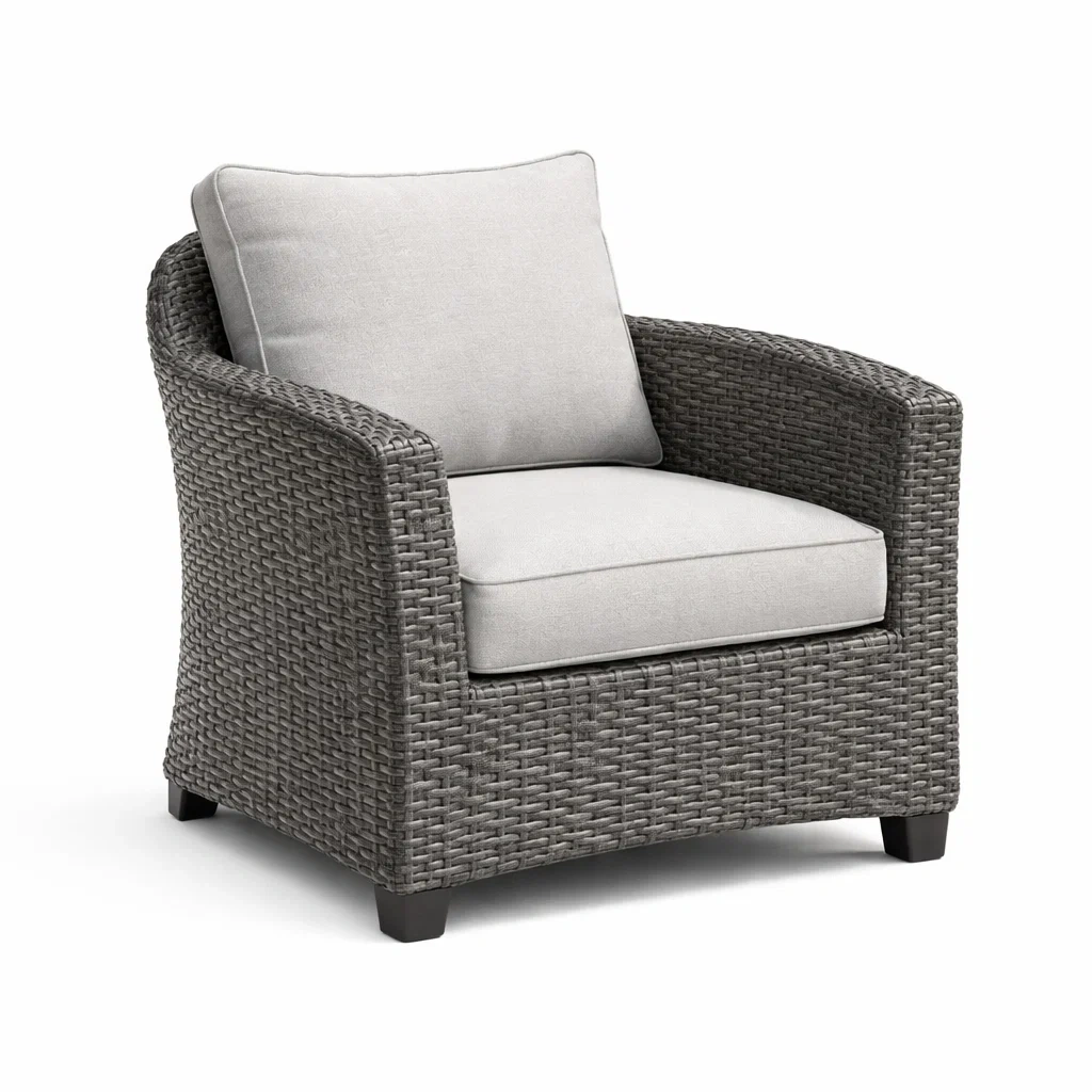 Fauteuil en résine tressée avec coussins en polyester gris clair-URBANVI BESPLACE