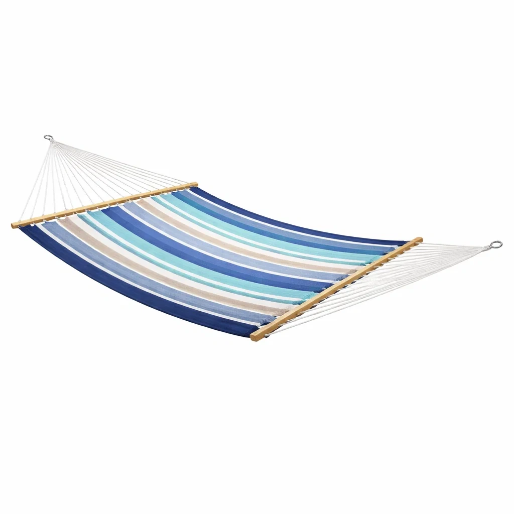 Hamac en coton rayé bleu et multicolore avec supports en bois 200 x 150 cm-URBANVI BESPLACE