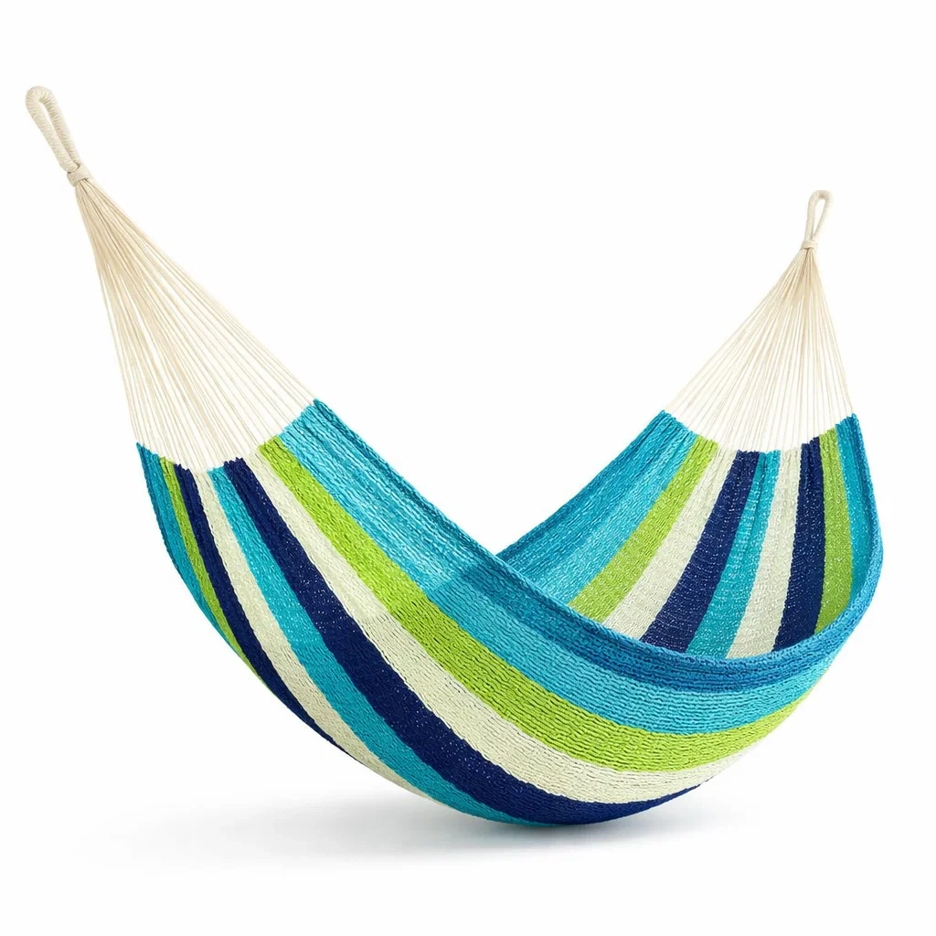 Hamac en tissu rayé bleu vert et blanc-URBANVI BESPLACE