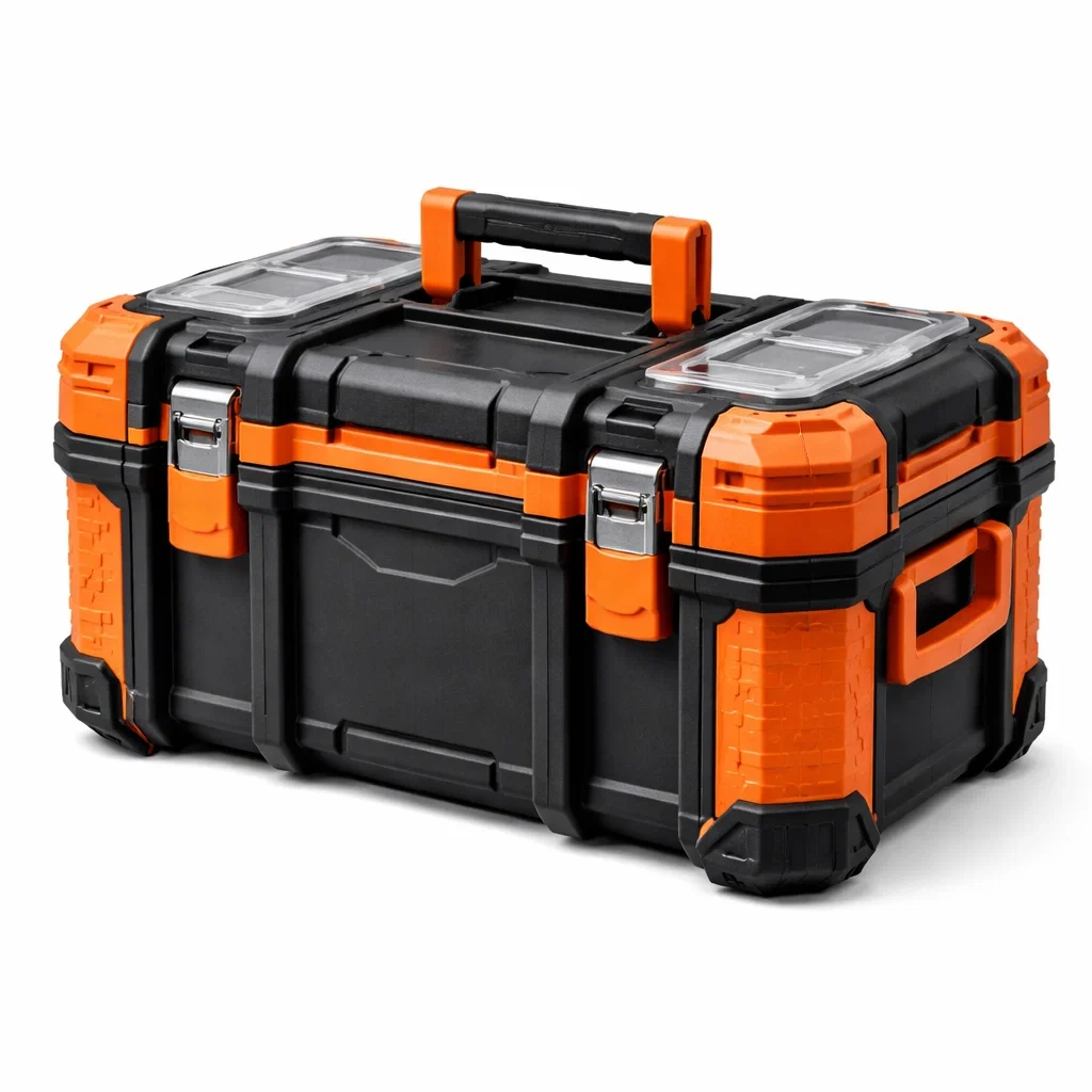Boîte à outils en plastique noir et orange avec fermetures métalliques-URBANVI BESPLACE