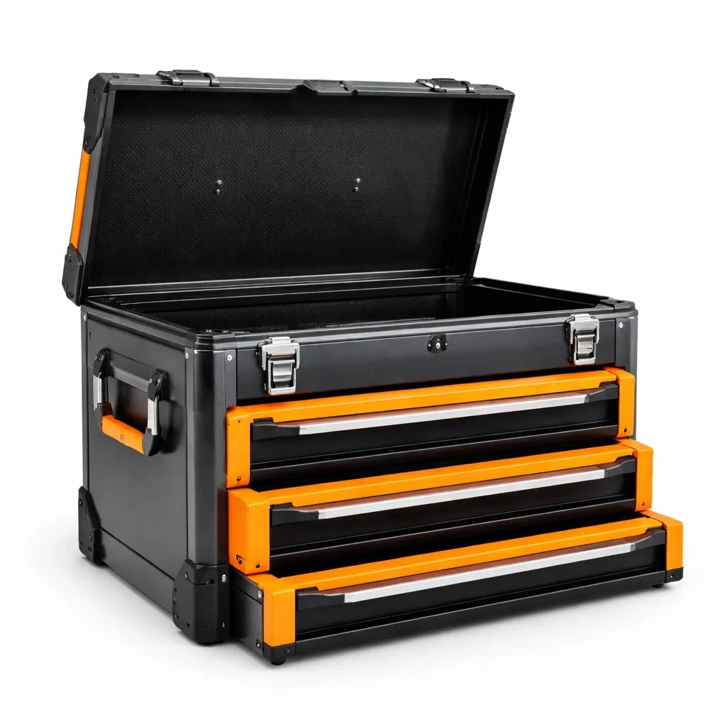 Boîte à outils métallique avec trois tiroirs noir et orange-URBANVI BESPLACE