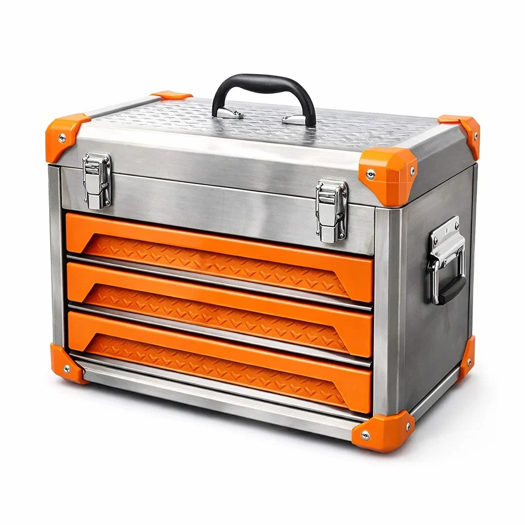Boîte à outils en métal acier inoxydable et orange avec 3 tiroirs 45 x 30 x 30 cm-URBANVI BESPLACE