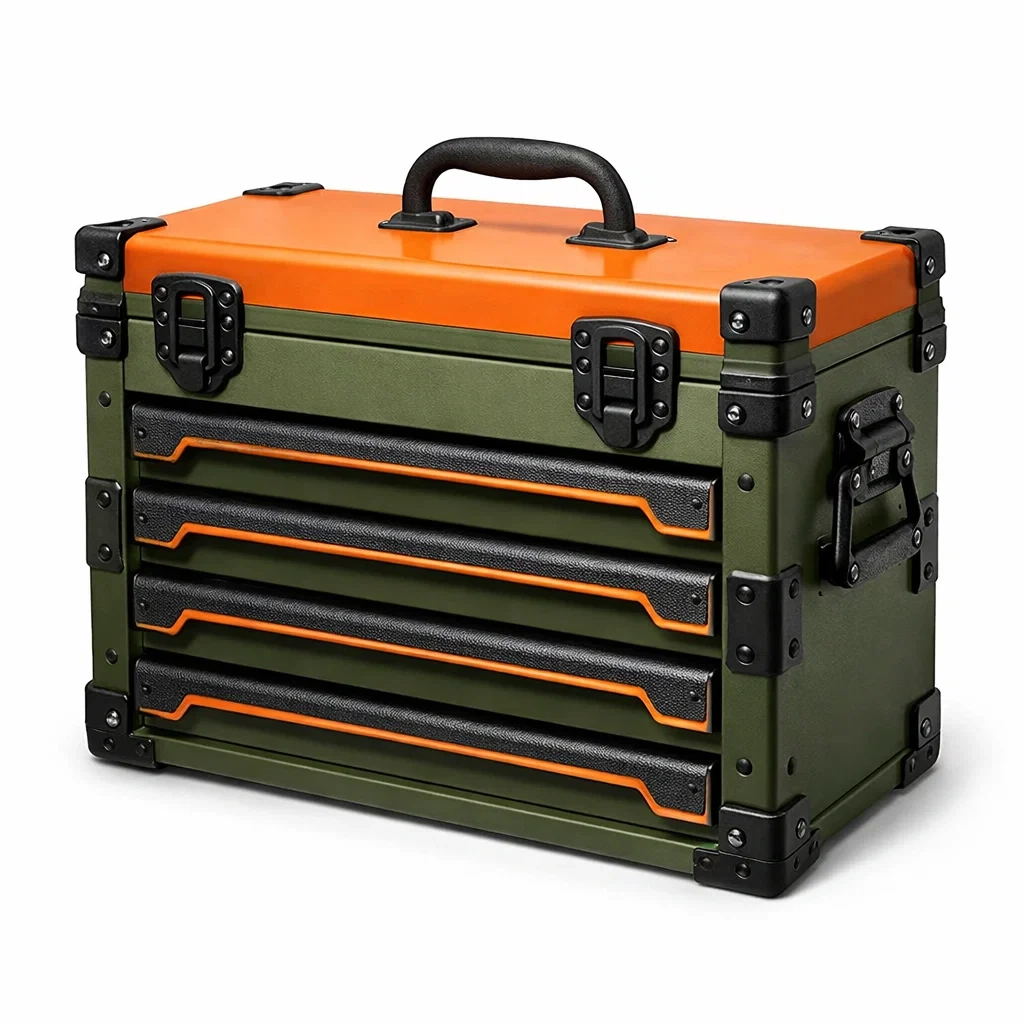 Boîte à outils en métal vert et orange avec tiroirs-URBANVI BESPLACE