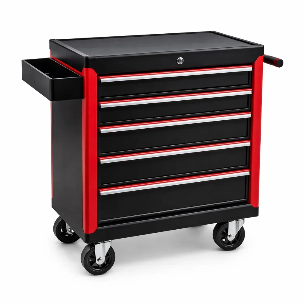 Chariot à outils en métal noir et rouge avec 5 tiroirs et roulettes-URBANVI BESPLACE
