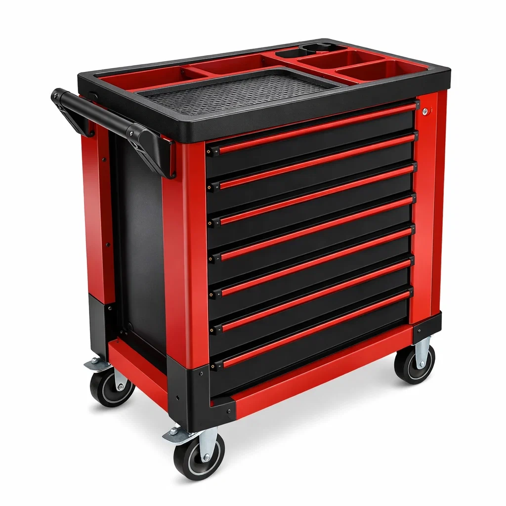 Chariot à outils en acier rouge et noir avec 7 tiroirs-URBANVI BESPLACE