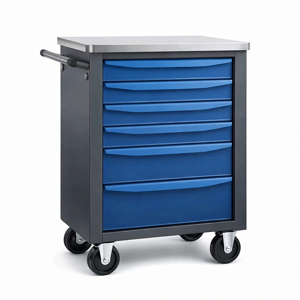 Chariot à outils en métal bleu et gris avec 6 tiroirs et roulettes-URBANVI BESPLACE