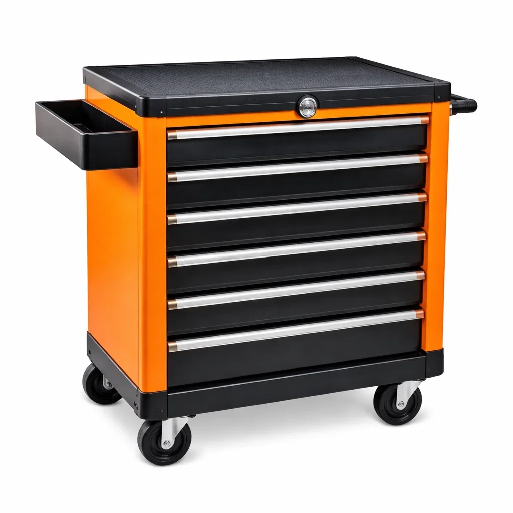 Chariot à outils en métal orange et noir avec roulettes et 6 tiroirs-URBANVI BESPLACE