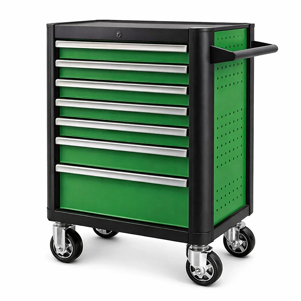 Chariot à outils en métal vert et noir avec 7 tiroirs et roues-URBANVI BESPLACE