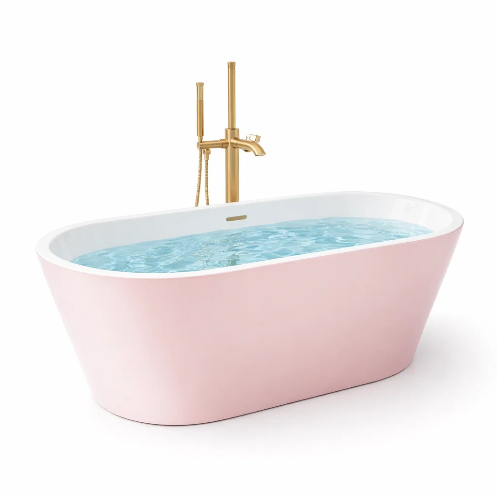 Baignoire îlot ovale en acrylique rose avec robinet doré-Luxen Ooks Pace