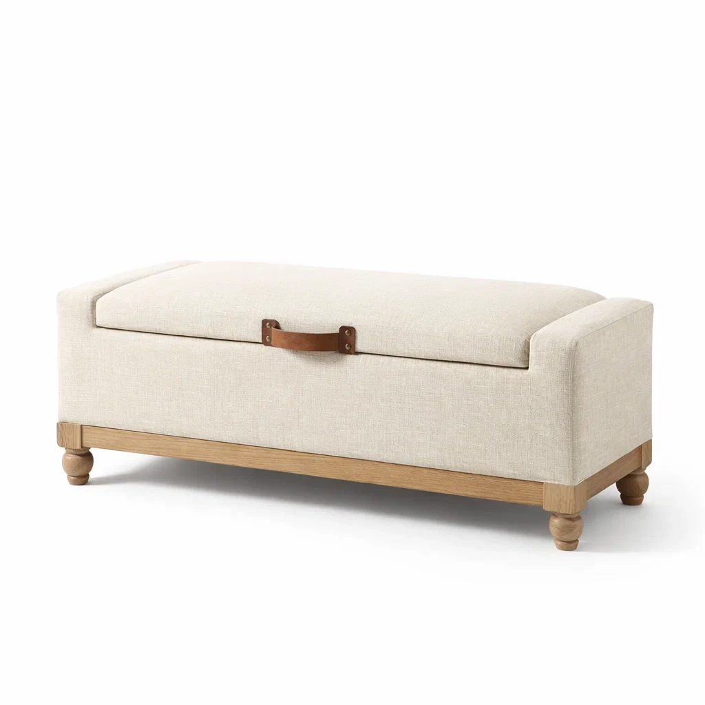 Banc de rangement en bois et tissu avec poignée en cuir crème-Luxen Ooks Pace