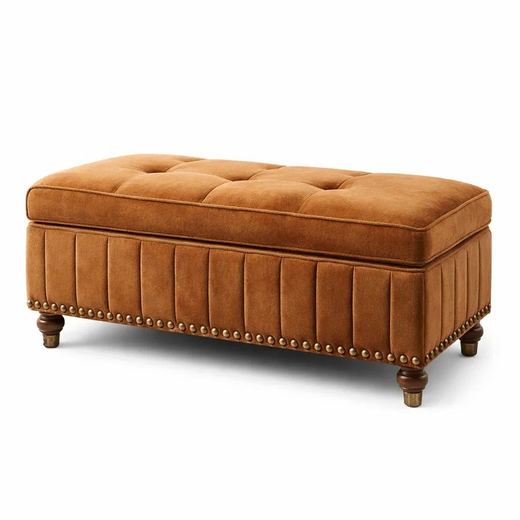 Banc de rangement en bois et velours brun-Luxen Ooks Pace