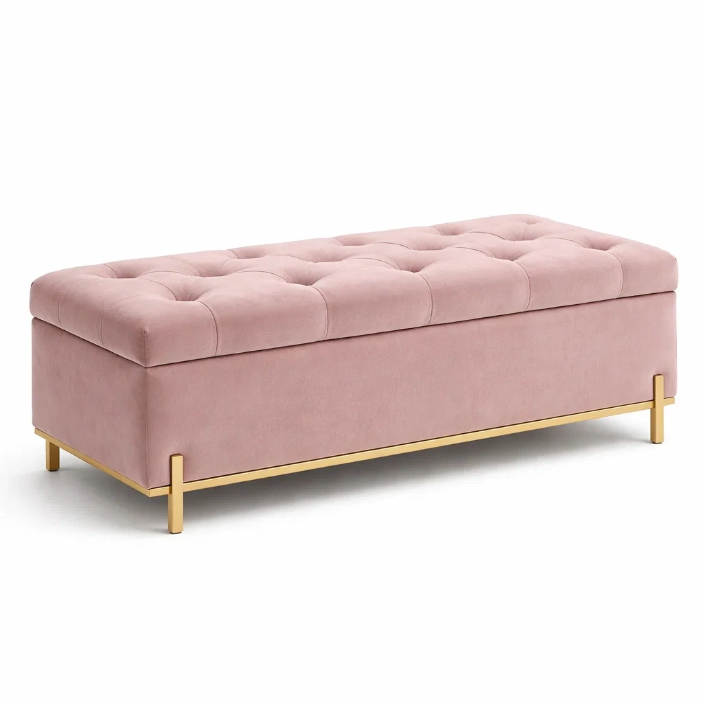Banc de rangement en velours rose avec pieds en métal doré-Luxen Ooks Pace