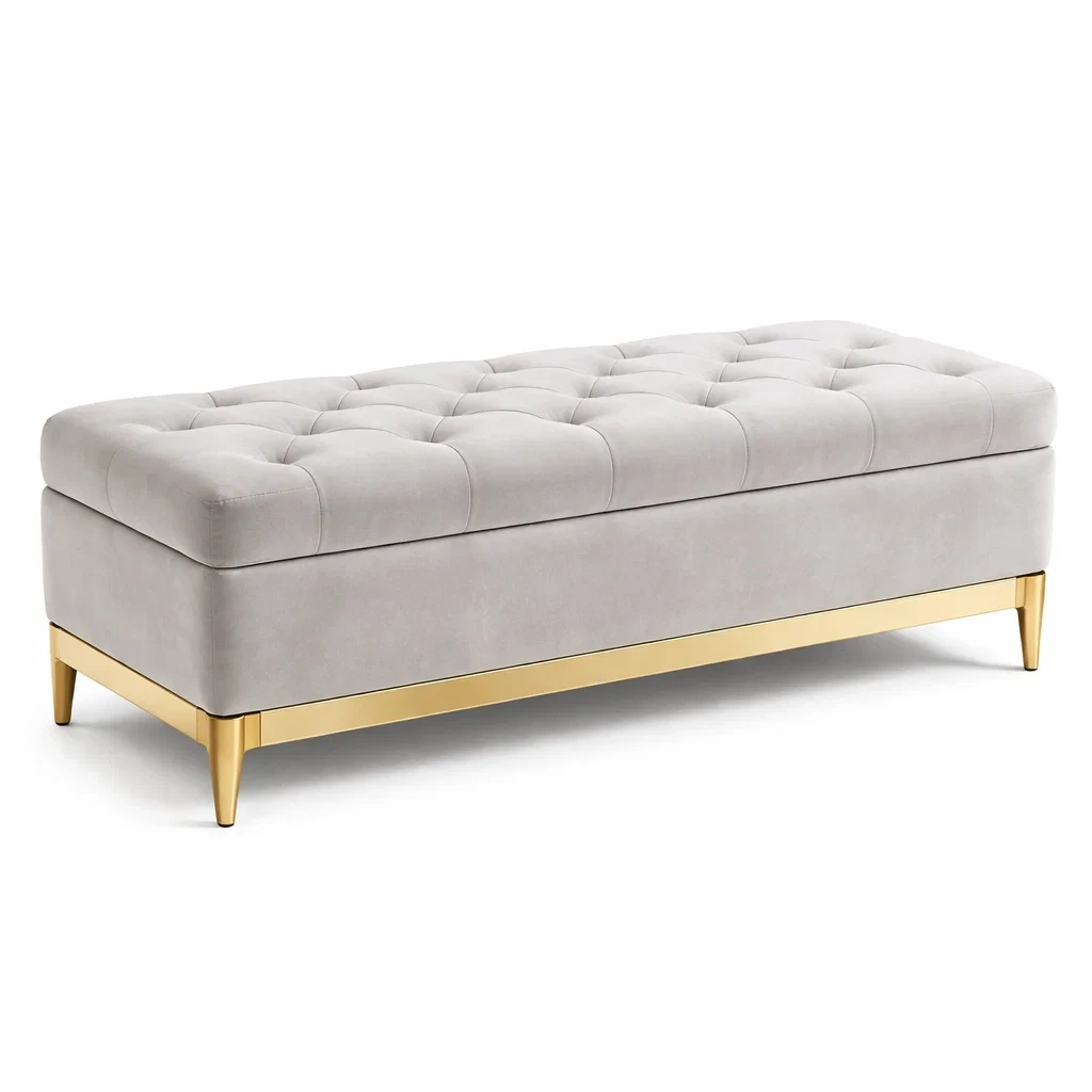 Banc de rangement en velours gris avec pieds métalliques dorés-Luxen Ooks Pace