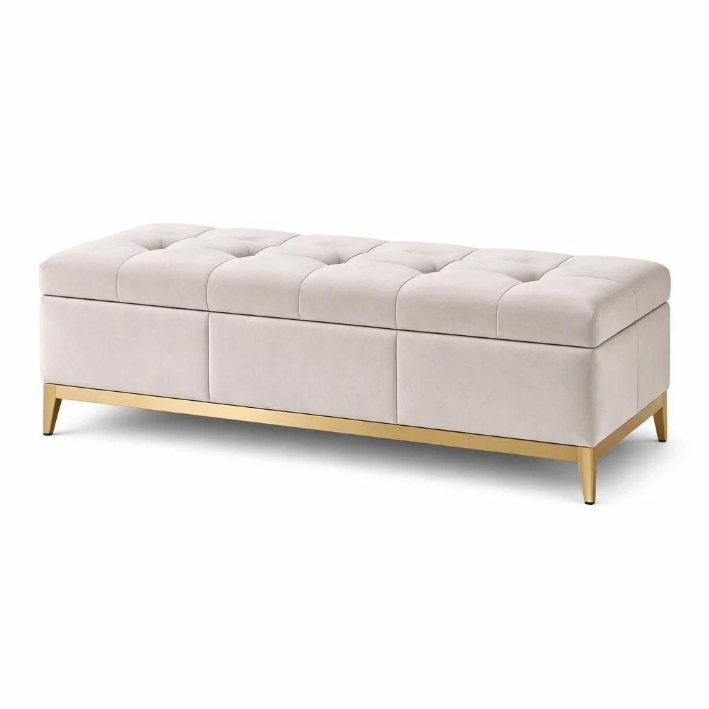 Banc de rangement en velours crème avec pieds en métal doré-Luxen Ooks Pace