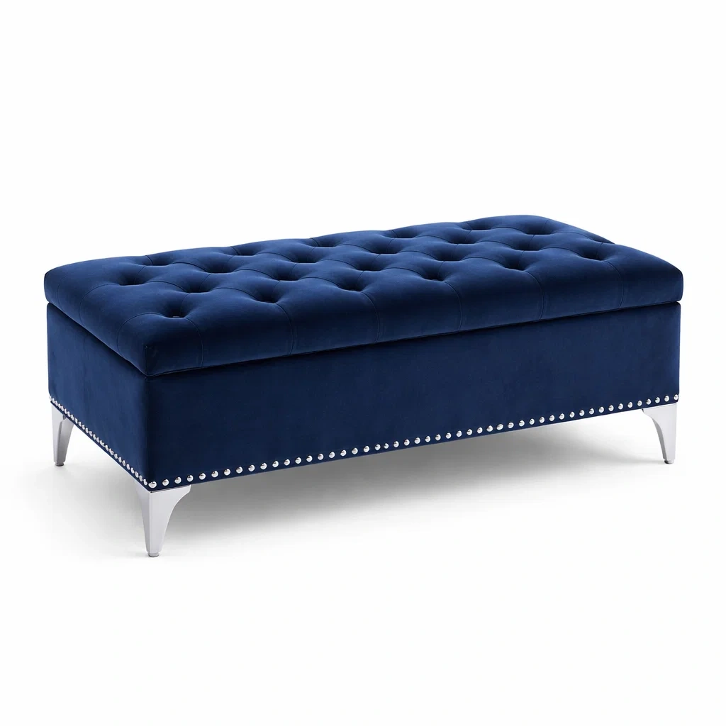 Banc de rangement rectangulaire en velours bleu avec pieds en métal-Luxen Ooks Pace