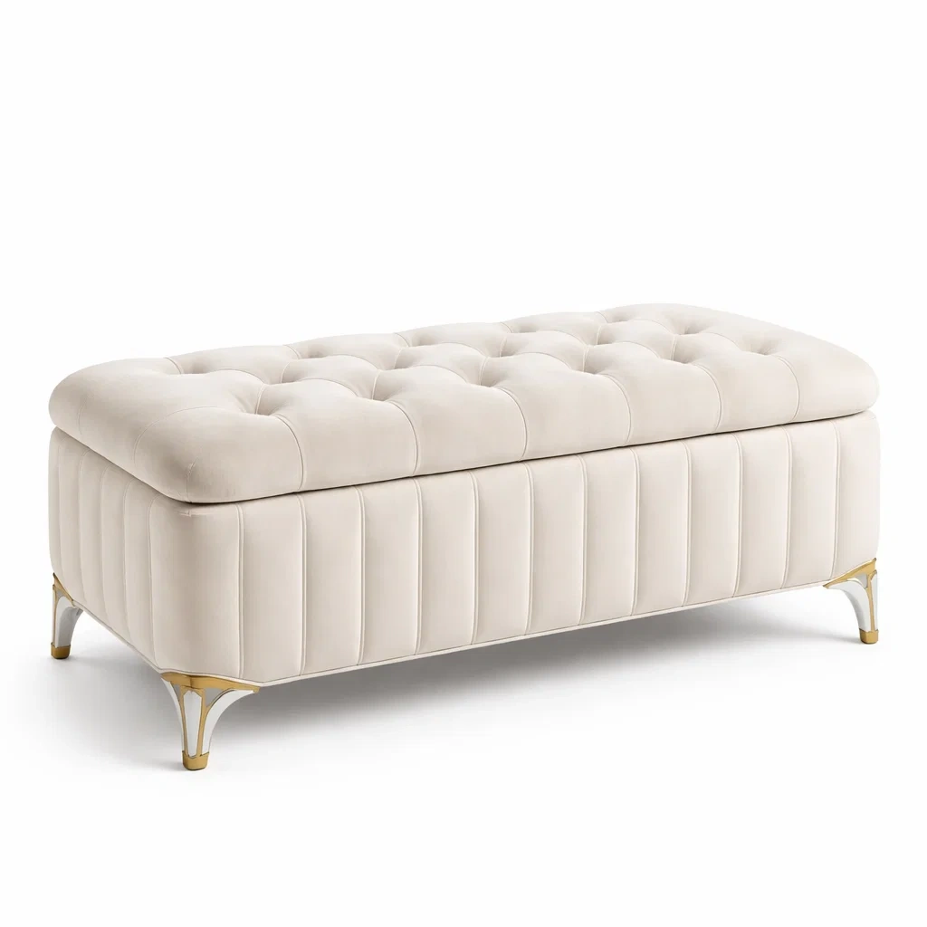 Banc de rangement en velours polyester beige avec pieds en métal doré 120 x 45 x 45 cm-Luxen Ooks Pace