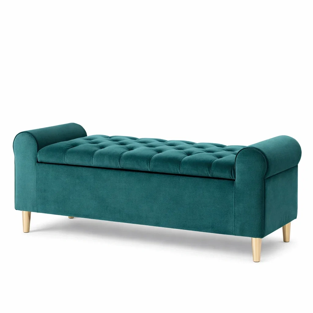 Banc de rangement en velours bleu canard avec pieds en bois-Luxen Ooks Pace