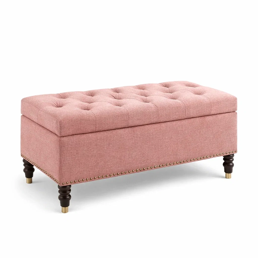 Banc de rangement en tissu avec pieds en bois rose 100 x 45 x 45 cm-Luxen Ooks Pace