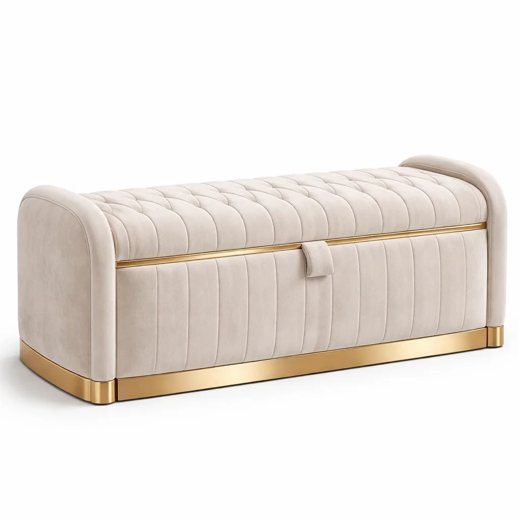 Banc de rangement en velours beige avec base en métal doré-Luxen Ooks Pace