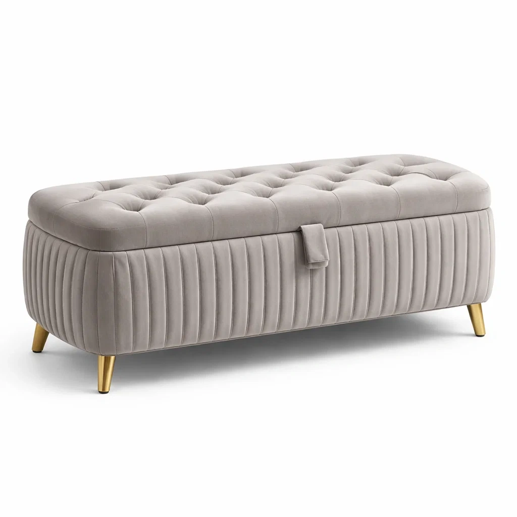 Banc de rangement en velours avec pieds métalliques gris-Luxen Ooks Pace