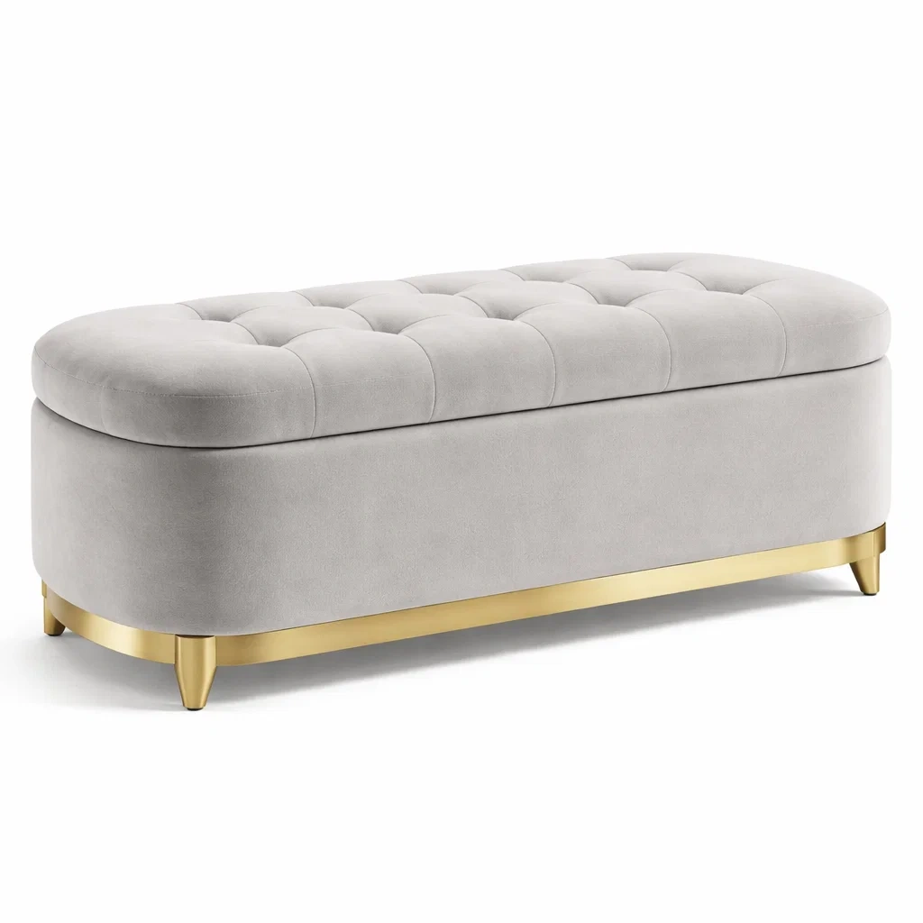 Banc de rangement en velours avec base métallique gris-Luxen Ooks Pace
