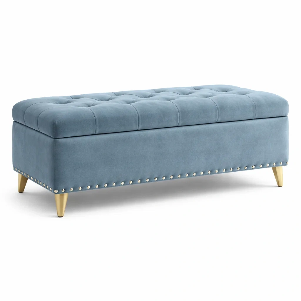 Banc de rangement en velours bleu avec pieds métalliques dorés-Luxen Ooks Pace