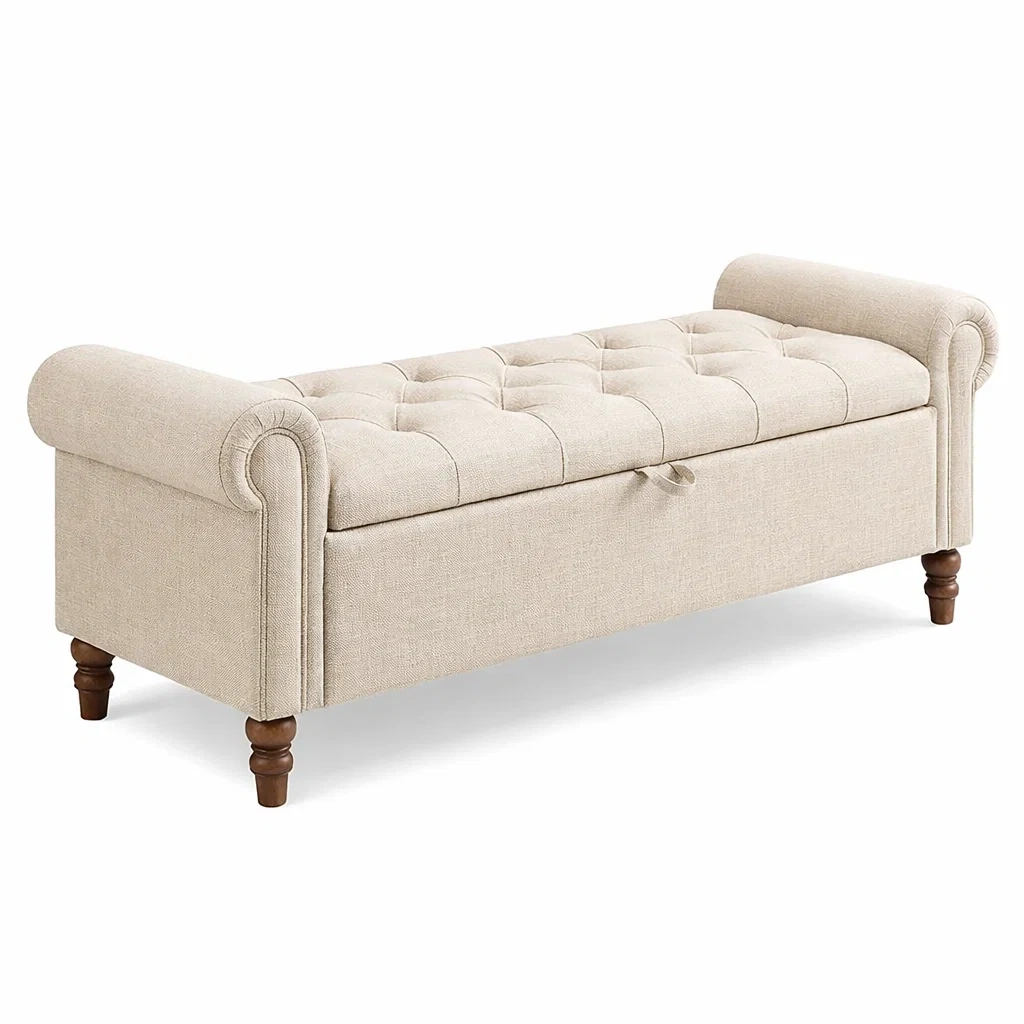 Banc de rangement en tissu de lin avec pieds en bois beige-Luxen Ooks Pace