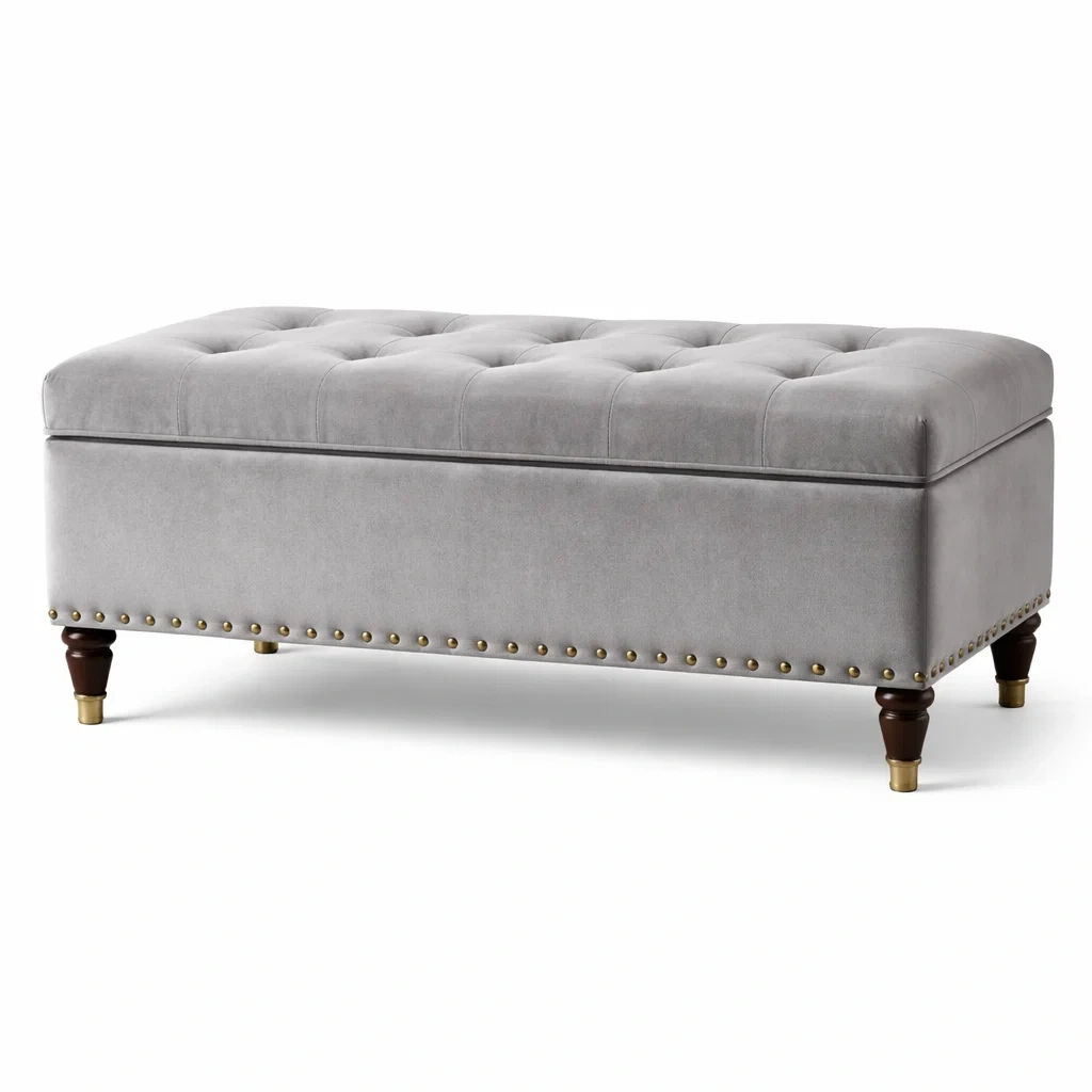 Banc de rangement en velours avec pieds en bois-Luxen Ooks Pace
