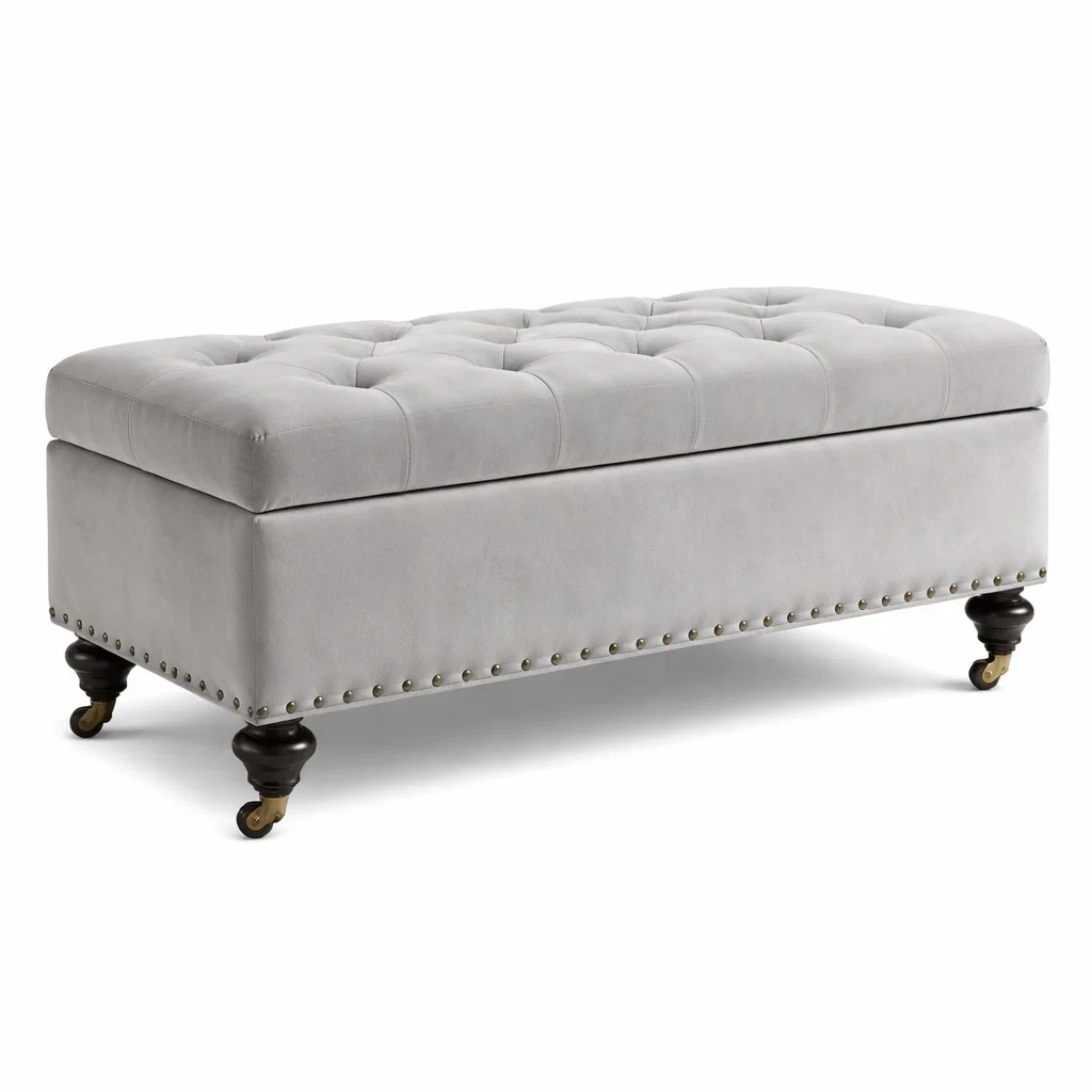 Banc de rangement en velours gris avec roulettes-Luxen Ooks Pace