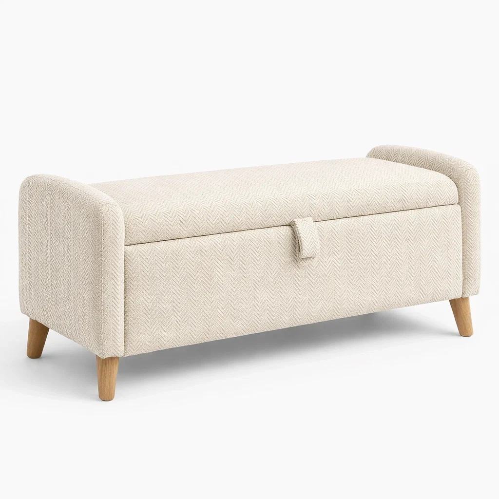 Banc de rangement en tissu et bois de hêtre beige 120 x 40 x 45 cm-Luxen Ooks Pace