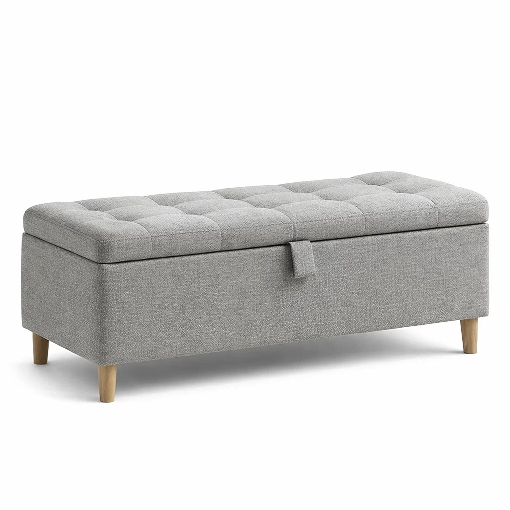 Banc de rangement en tissu gris avec pieds en bois 100 x 40 x 45 cm-Luxen Ooks Pace