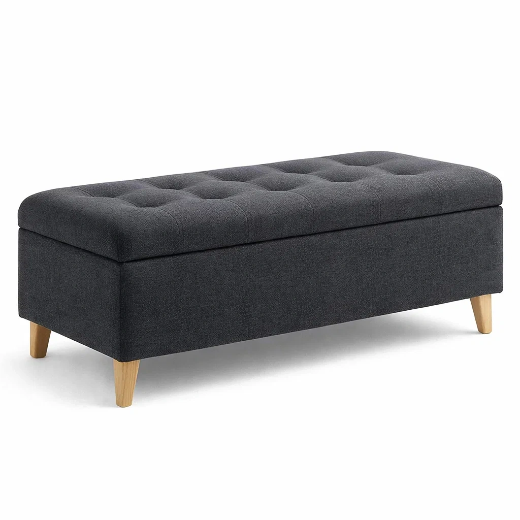 Banc de rangement rectangulaire en polyester gris avec pieds en bois 120 x 40 x 45 cm-Luxen Ooks Pace