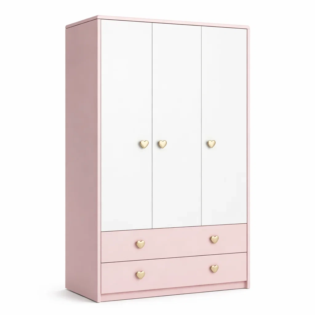 Armoire 3 portes en MDF rose et blanc avec poignées cœur-Luxen Ooks Pace