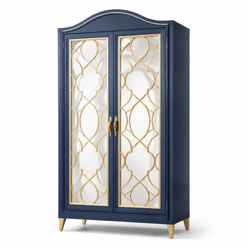 Armoire en bois bleu avec portes en verre trempé et détails en métal doré-Luxen Ooks Pace