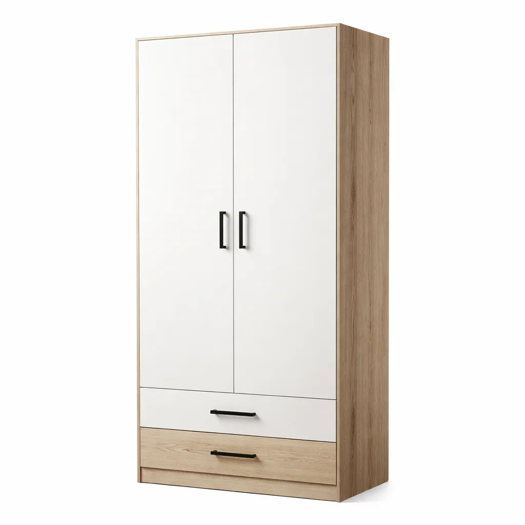 Armoire en bois MDF blanc et chêne avec 2 portes et 2 tiroirs-Luxen Ooks Pace