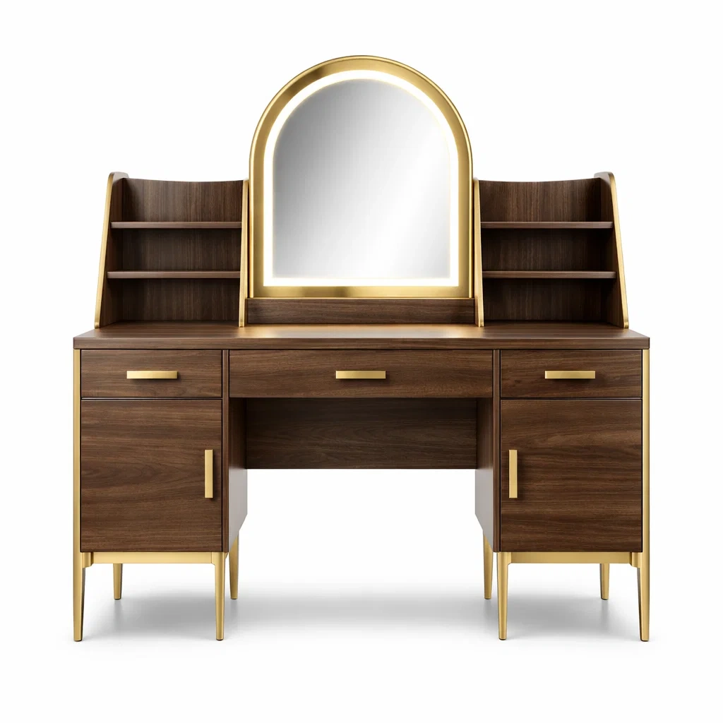 Coiffeuse en bois avec miroir LED et métal doré-Luxen Ooks Pace