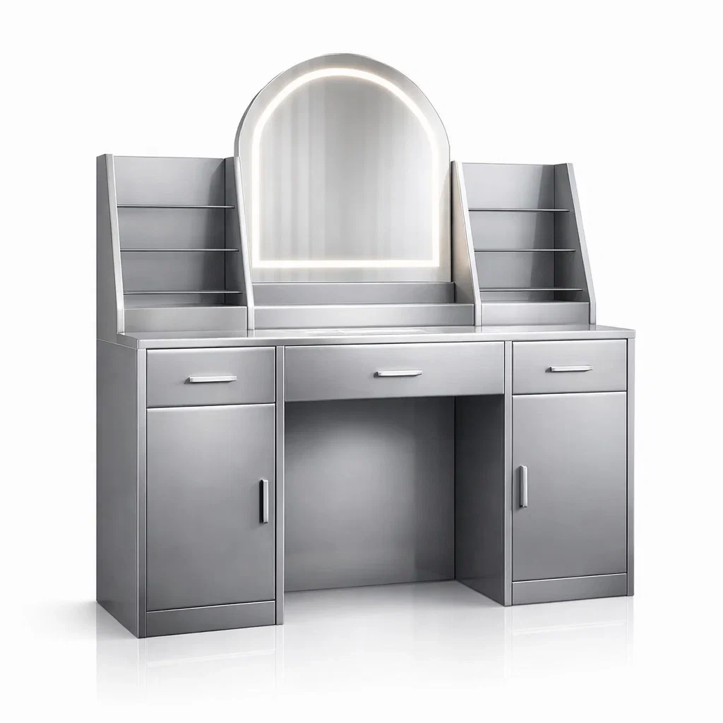 Coiffeuse en métal argent avec miroir LED et rangements-Luxen Ooks Pace