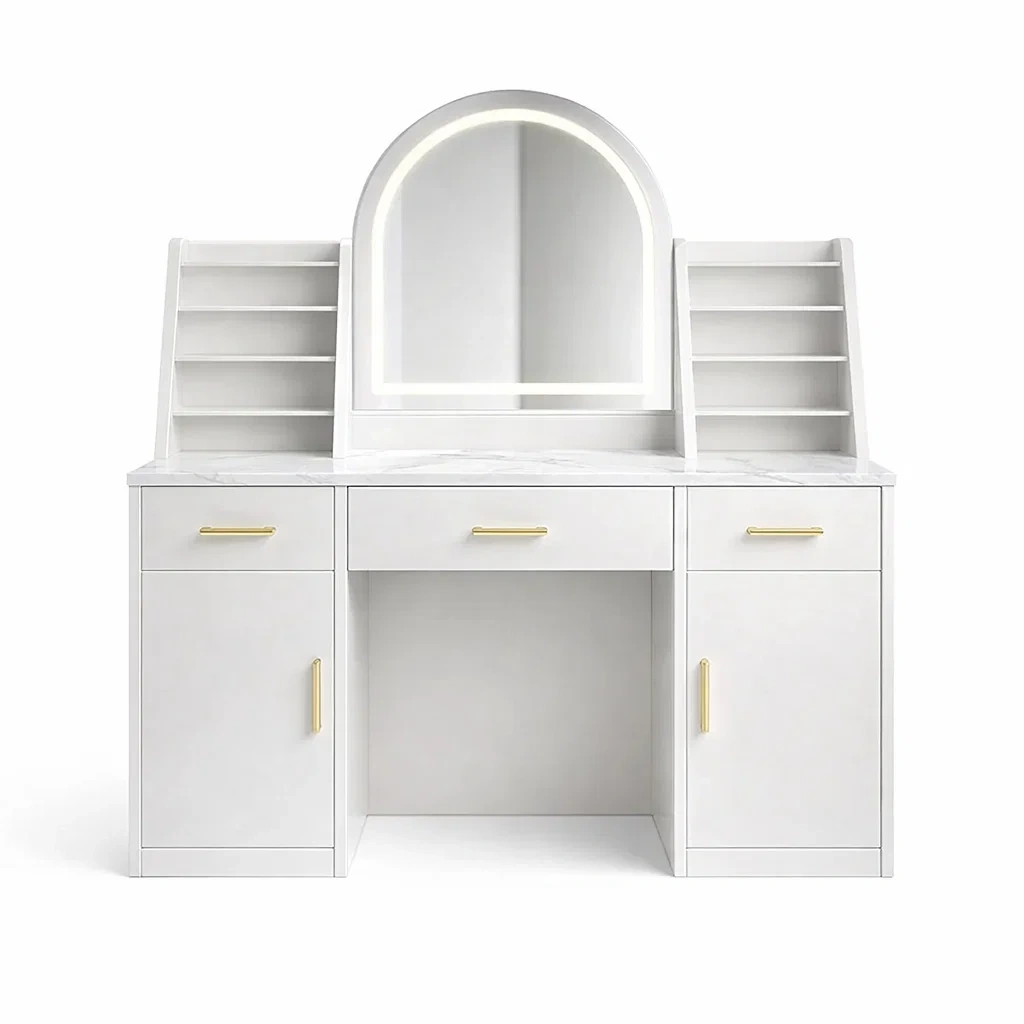 Coiffeuse en MDF avec miroir LED et étagères blanches-Luxen Ooks Pace