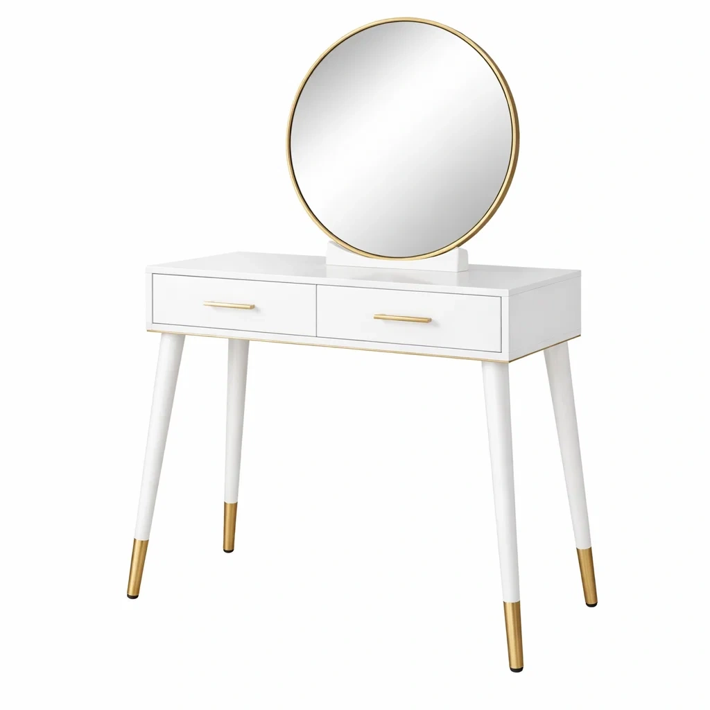 Coiffeuse en bois MDF blanc et doré avec miroir rond et 2 tiroirs-Luxen Ooks Pace