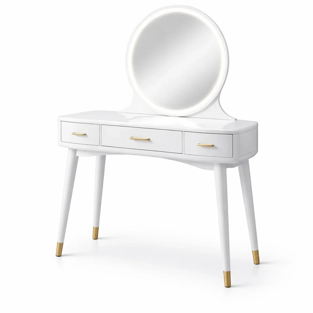 Coiffeuse en bois blanc avec miroir LED et trois tiroirs-Luxen Ooks Pace