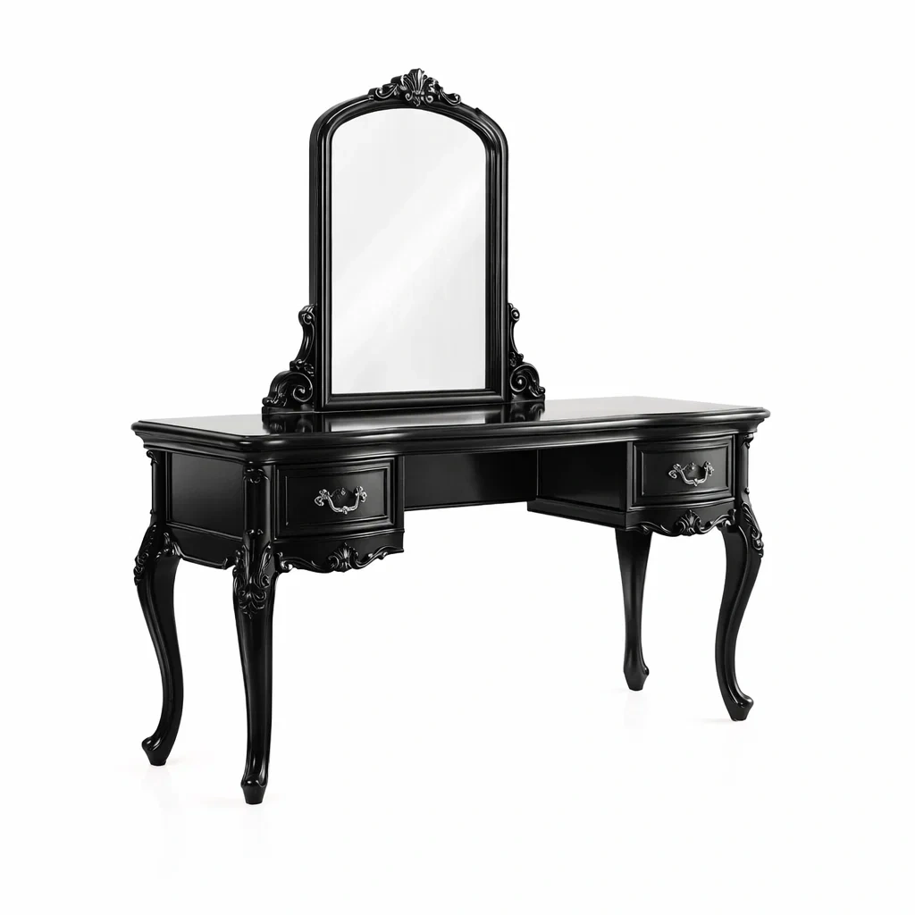 Coiffeuse en bois noir avec miroir et tiroirs-Luxen Ooks Pace