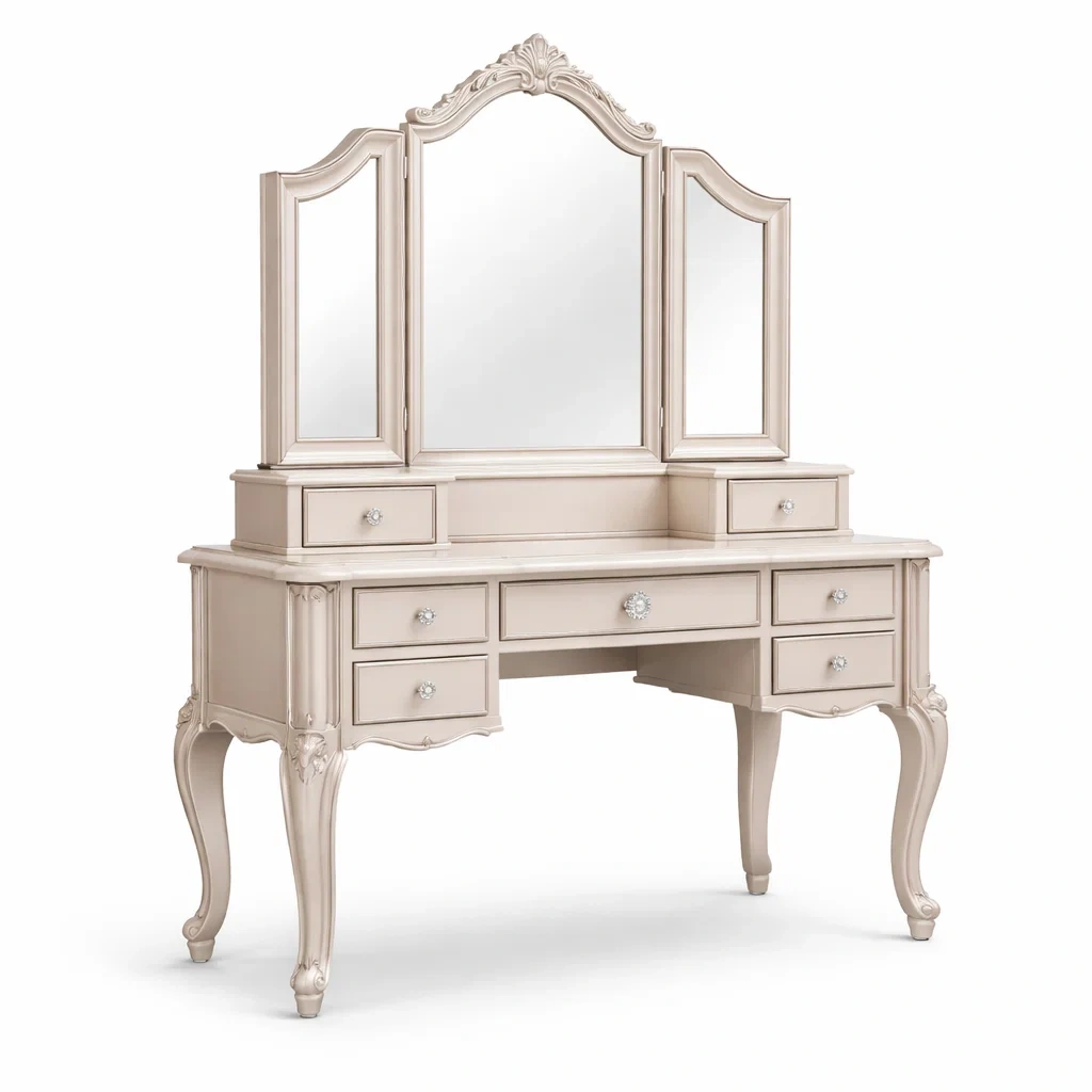 Coiffeuse en bois beige avec miroir triptyque et 7 tiroirs-Luxen Ooks Pace