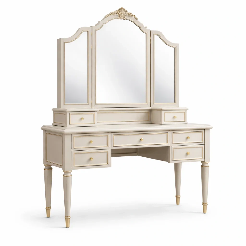 Coiffeuse en bois beige avec miroirs triple et tiroirs-Luxen Ooks Pace