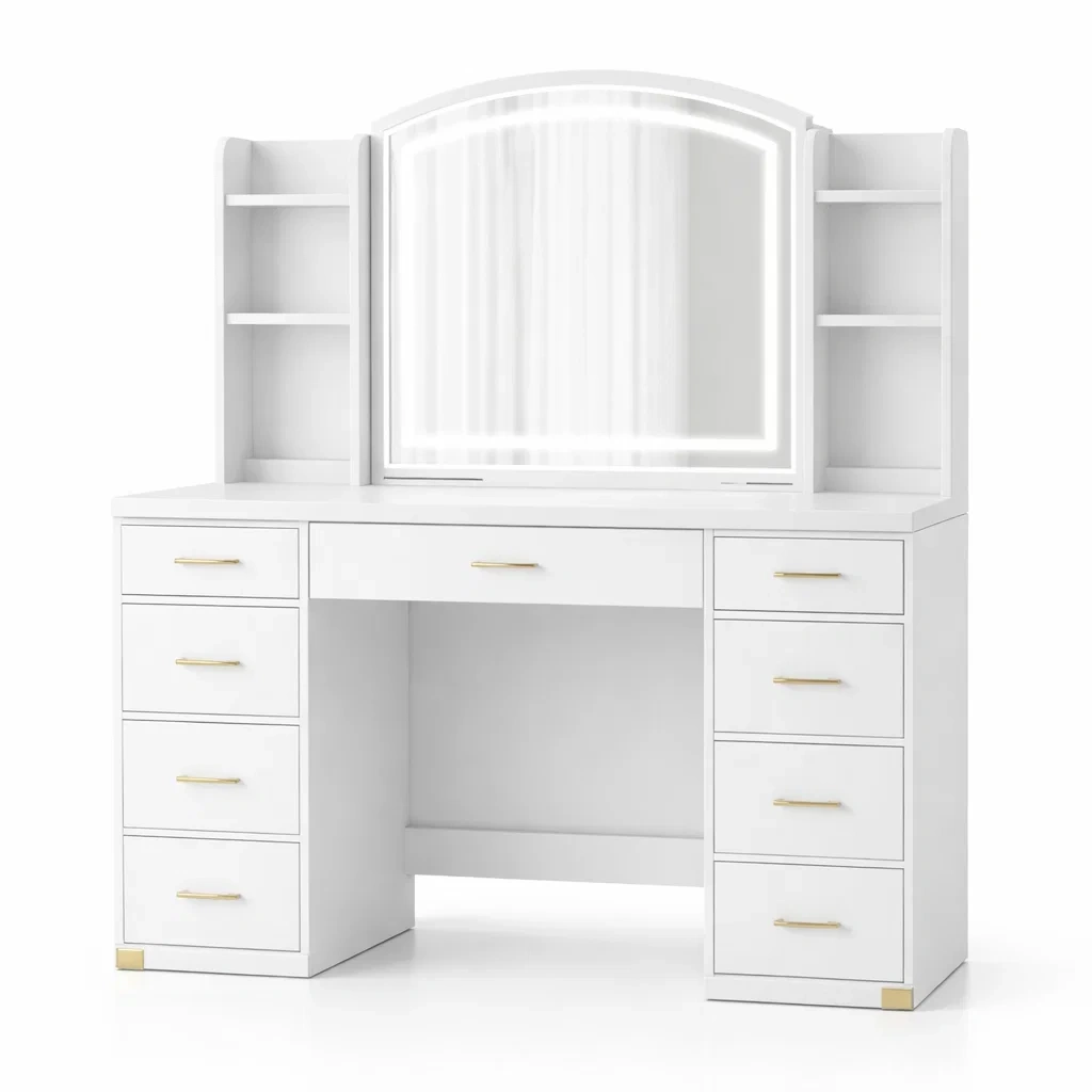 Coiffeuse en MDF blanc avec miroir LED et rangements 150 x 50 x 140 cm-Luxen Ooks Pace