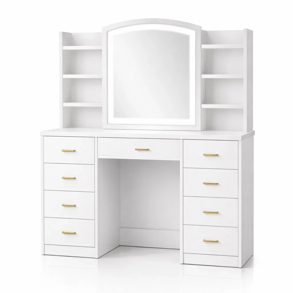 Coiffeuse en bois avec miroir intégré et étagères-Luxen Ooks Pace